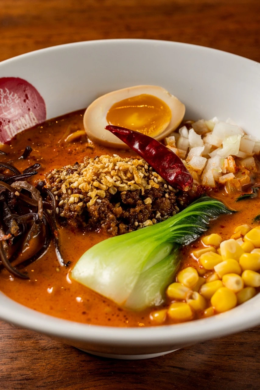 Spicy Sesame Ramen with sesame paste, ground pork, fried garlic and dried chili